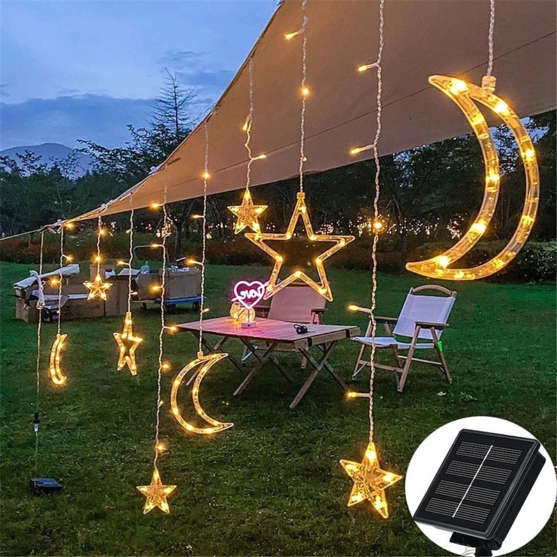 Solar Star String Lights Outdoor 138 LED Solar Powered Curtain Lights Window Lights Solar Led String Lights Twinkle Star Moon Fairy Lights for Backyard Garden Patio Home Christmas Holiday Decoration2