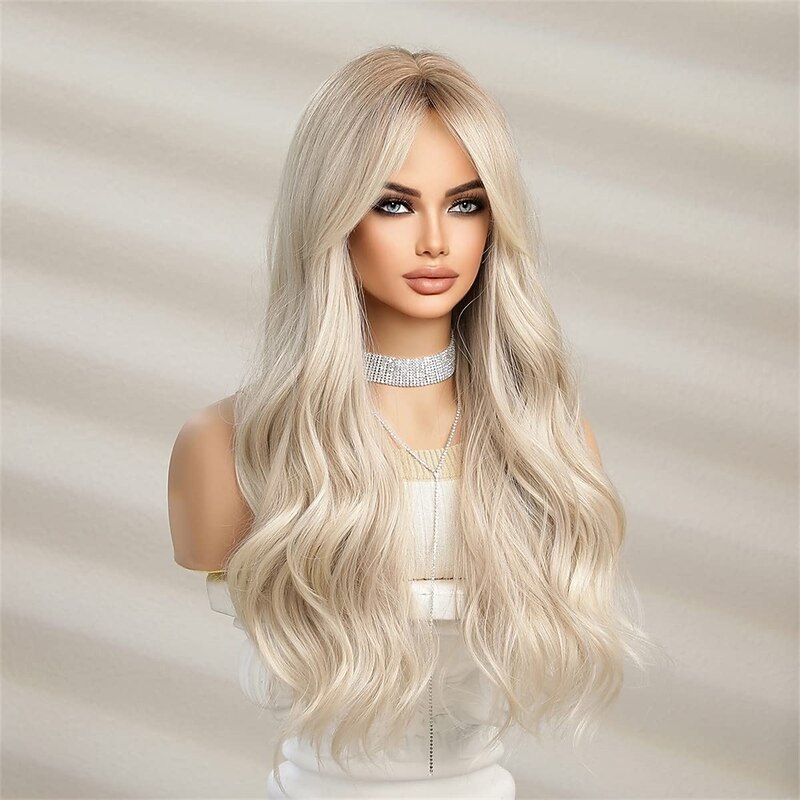 Barbiecore Movie Wigs Long Blonde Wigs with Bangs for WomenSynthetic Wavy Hair Wig with Dark Roots4