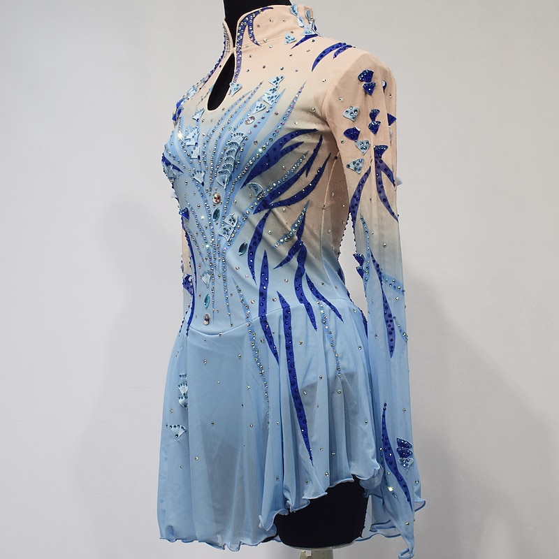 Figure Skating Dress Women's Girls' Ice Skating Dress Outfits Sky Blue Mesh Spandex High Elasticity Competition Skating Wear Handmade Crystal / Rhinestone Long Sleeve Ice Skating Figure Skating3