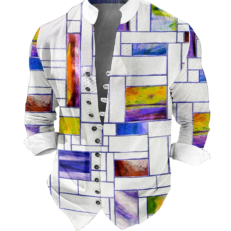 Men's Color Block Geometric Pattern Geometry Shirt Button Up Shirt Long Sleeve Fashion Streetwear Designer Outdoor Casual Daily Summer Spring Fall Stand Collar Print Light Green Blue Purple Green Gray3