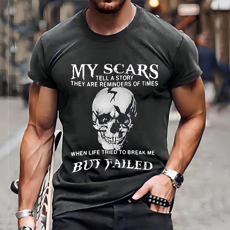 Men's Short Sleeve Graphic T-Shirt: My Scars Tell a Story - Life Tried to Break Me But Failed Resilience Skull Design