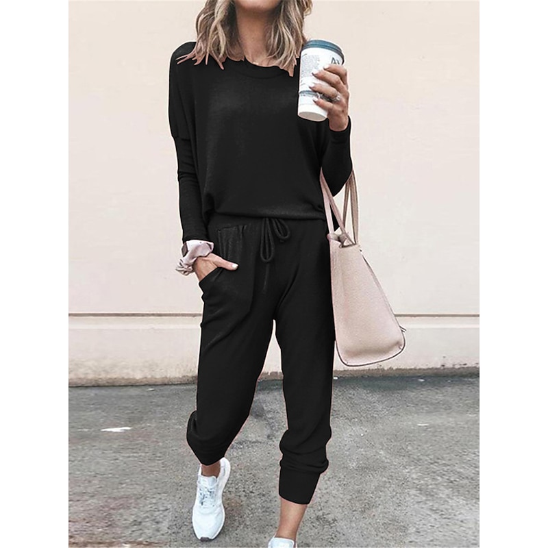 Women's Pajamas Pajama Top and Pant Sets Pure Color Fashion Casual Soft Home Daily Bed Breathable Crew Neck Long Sleeve T shirt Tee Pant Pocket Elastic Waist Summer Spring3