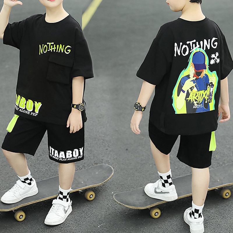 2 Pieces Kids Boys T-shirt & Shorts Clothing Set Outfit Graphic Letter Half Sleeve Pocket Cotton Set Training Sports Fashion Cool Summer Spring 7-13 Years Black Green2