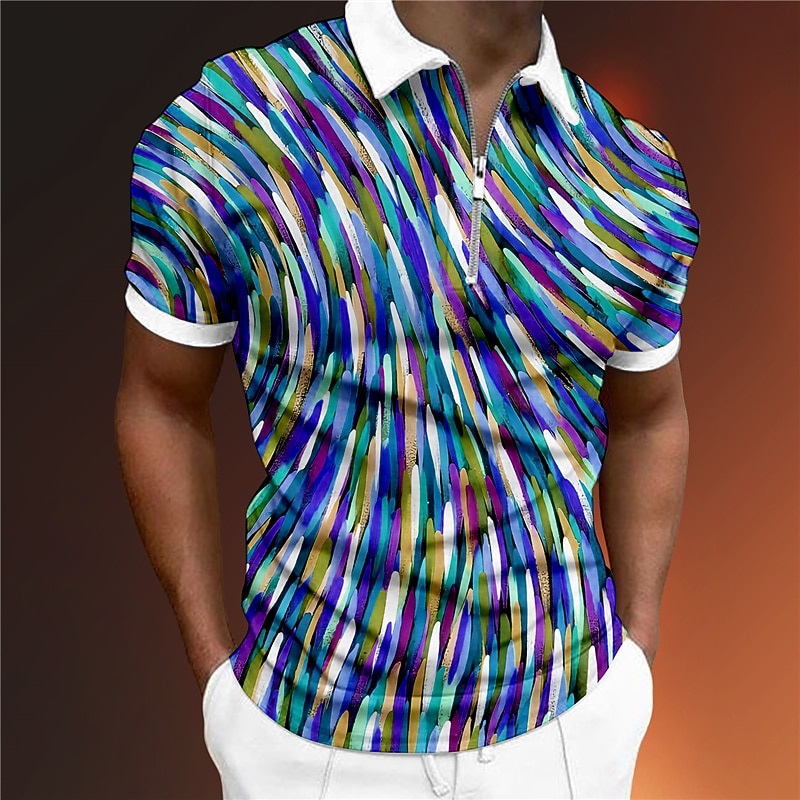 Men's Graphic Zip Polo Shirts Golf Shirt Short Sleeve Polo Shirts Collared Shirts Casual Vacation Wear Rave Wear Party Outfits 3D Print Quarter Zip Polo Light Green Red Blue2