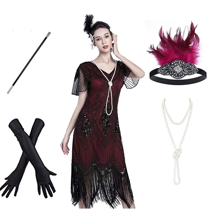 Roaring 20s Vintage Inspired The Great Gatsby Flapper Dress Dress Outfits The Great Gatsby Wedding Guest Sequins Tassel Fringe Sequin Tassel V Neck Fancy Dress Women's Halloween Carnival Masquerade3