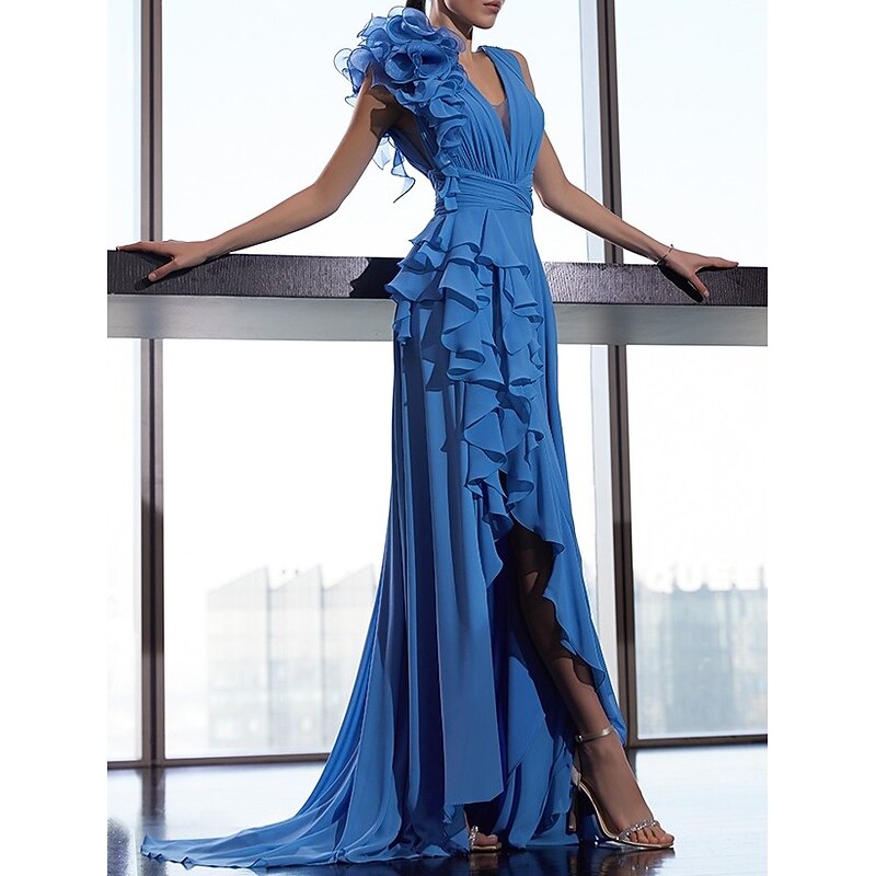 A-Line Evening Gown Floral Dress Formal Prom Court Train Sleeveless V Neck Fall Wedding Guest Chiffon with Ruffles Shouder Flower - Main Image