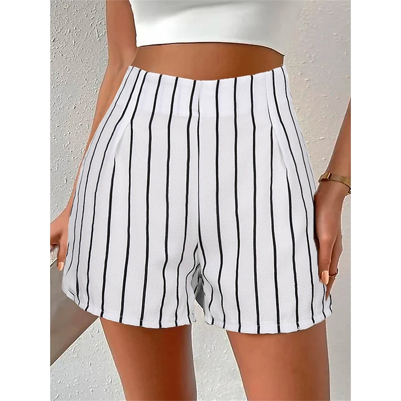 Women's Shorts Streetwear Casual Comfort Short High Waist Stripe Pocket Elastic Waist Print Comfort Breathability Soft Micro-elastic Vacation Casual Daily Weekend Black White Summer Spring