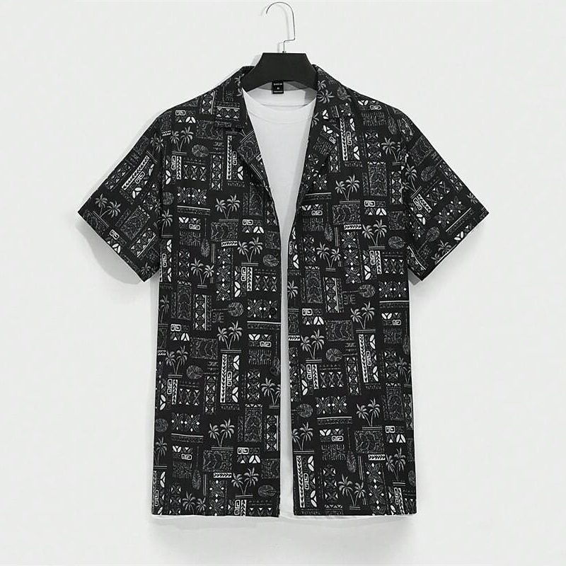 Men's Ethnic Shirt Button Up Shirt Short Sleeve Sports Fashion Streetwear Outdoor Casual Holiday Summer Spring Cuban Collar Print Black White Yellow Gray4