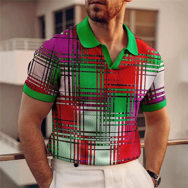 Men's Plaid Polo Shirts Golf Shirt Short Sleeve Polo Shirts V Neck Vintage Casual Vacation Wear Formal Wear Festival Wear 3D Print Yellow Red Royal Blue2