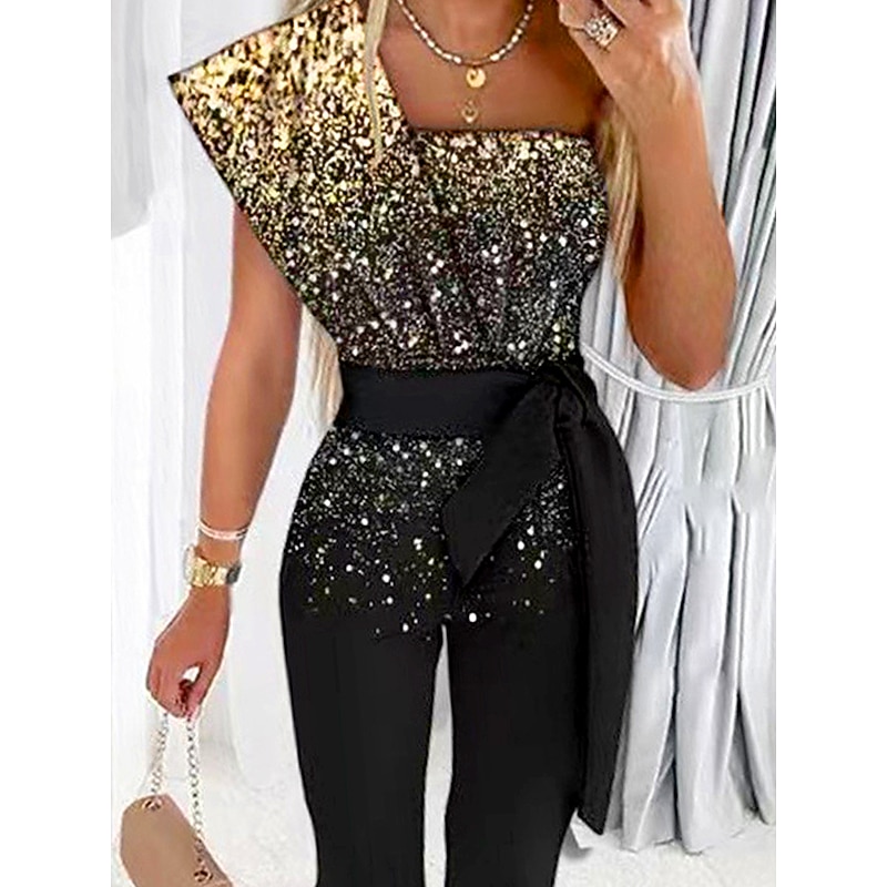 Women's Jumpsuit Print Gradient One Shoulder Streetwear Wedding Party Disco Regular Fit Short Sleeve Gold S M L Summer2