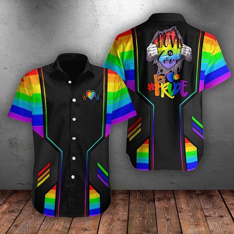 Men's Heart Rainbow Graphic Prints Shirt Summer Hawaiian Shirt Button Up Shirt Short Sleeve Tropical Fashion Hawaiian Street Casual Hawaiian Summer Spring Turndown Print Button-Down Black Purple3