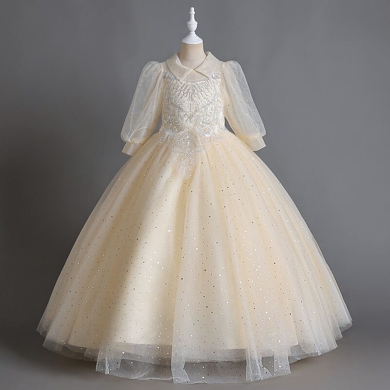 Kids Girls' Flower Girl Dress Party Dress Solid Color Half Sleeve Performance Wedding Party Sequins Elegant Sweet Polyester Maxi Tulle Dress Summer Spring 3-12 Years Champagne Pink4