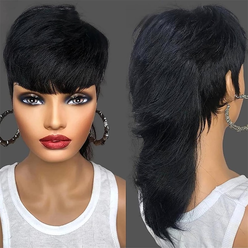 Mullet Wig Pixie Cut Wigs Human Hair for Women Shaggy Layered 70s 80s 90s Mullet Wigs With Bangs For Black Women Natural Black  Wolfcut Straight Brazilian Human Hair Wigs3