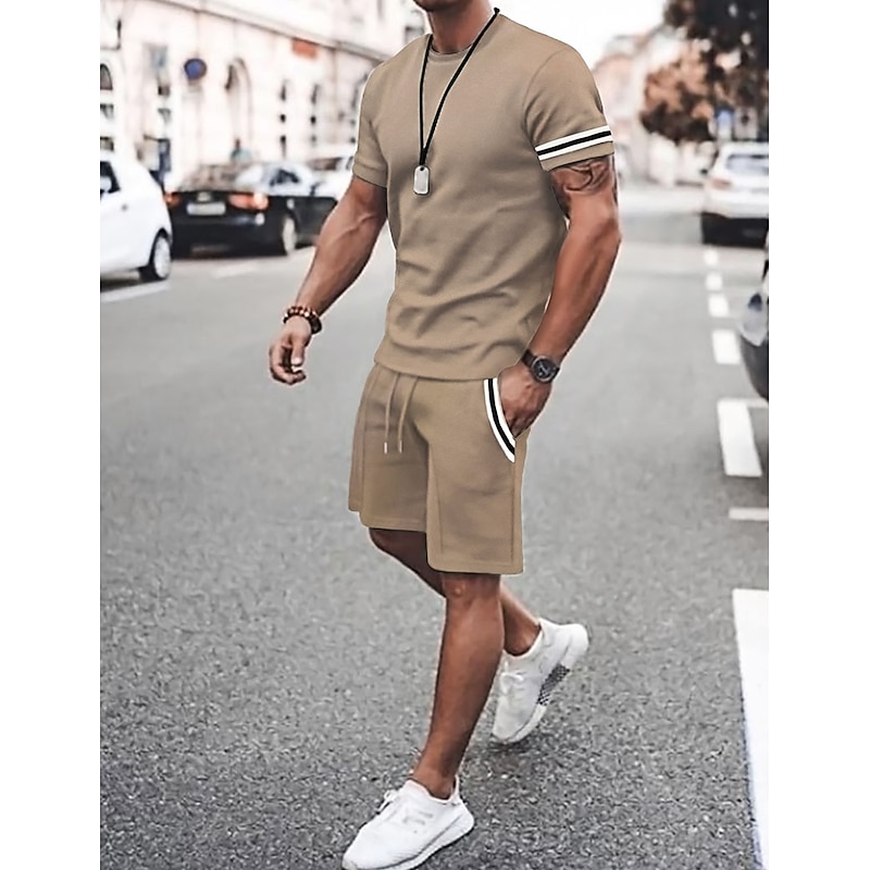 Men's Tee & Drawstring Waist Shorts 2 Pieces Outfits Short Sleeves Crewneck Summer Striped Fashion Sport Casual 2 Piece Striped Trim Vacation Daily Wear Activewear Black Pink Khaki Top Tee for Men