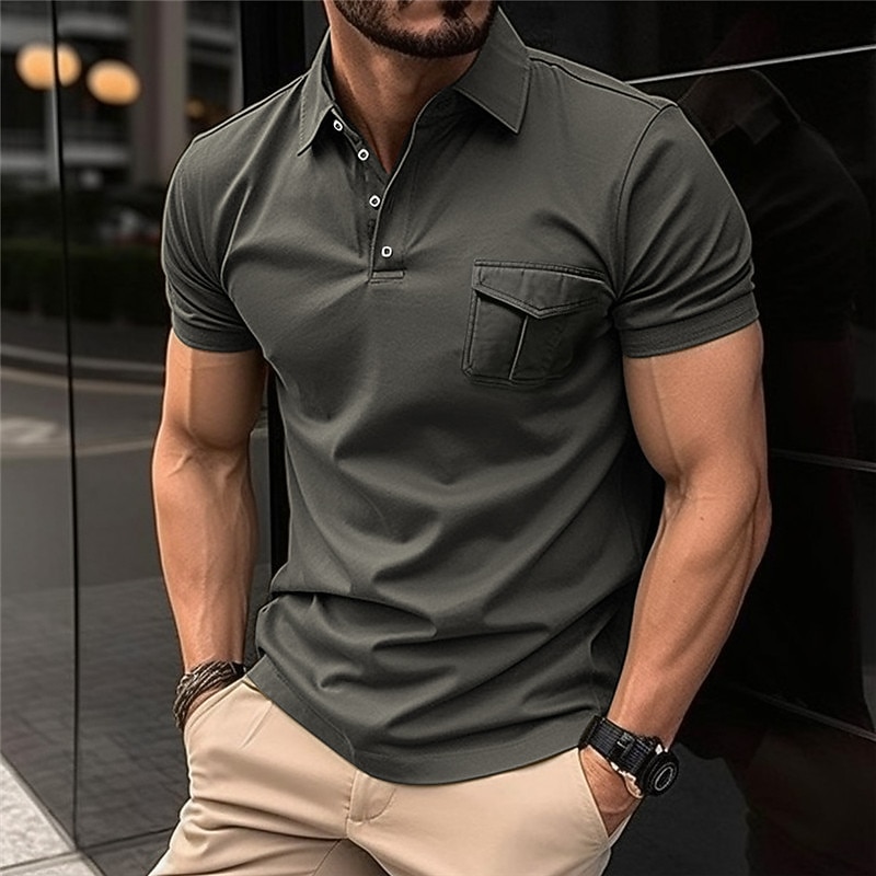 Men's Button Up Polos Golf Shirt Work Casual Lapel Short Sleeve Modern Formal Plain Front Pocket Summer Regular Fit Black Army Green Red Navy Blue Gray Button Up Polos