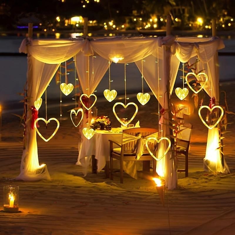 LED Curtain String Lights 126 LED String Light Battery & USB Powered Waterproof Heart Shape Lights 8 Flashing Modes For Girl Valentine's Day Wedding Christmas Restaurant Hotel Window LED Lights