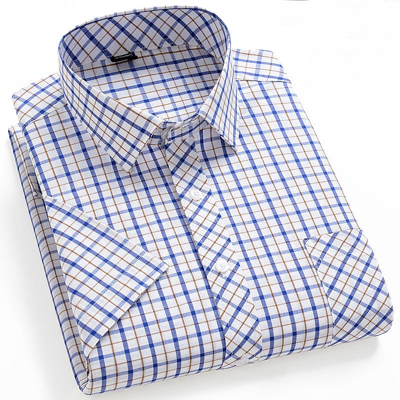 Men's Dress Shirt Stripes and Plaid Office & Career Office Party Light Blue Black Dark Red Yellow Short Sleeve Turndown Spring & Summer Clothing Apparel 8