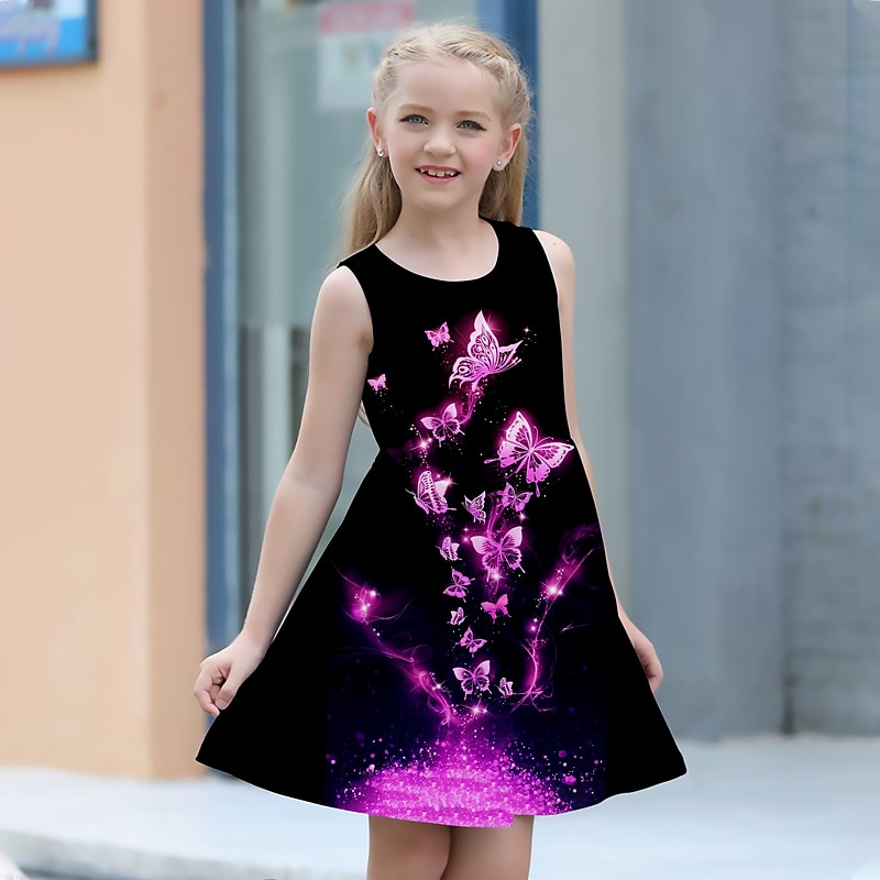 Girls' 3D Graphic Butterfly Dress Sleeveless 3D Print Summer Spring Vacation Sports & Outdoor Daily Cute Casual Sweet Kids 3-12 Years Casual Dress A Line Dress Tank Dress Above Knee Regular Fit3