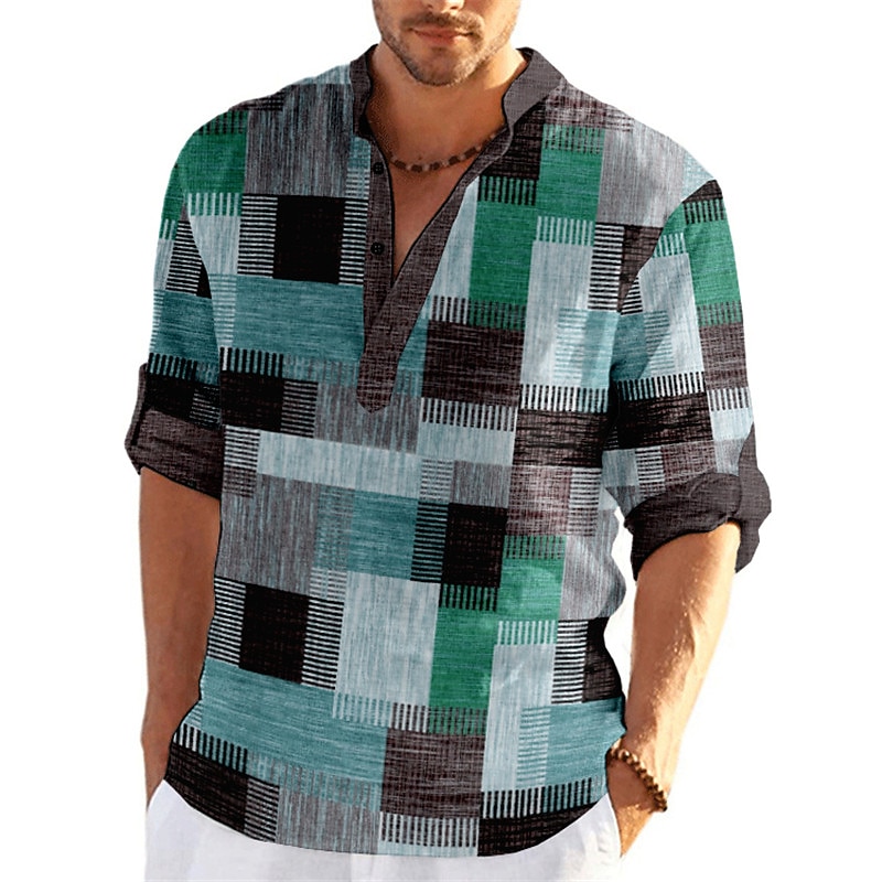 Men's Striped Plaid / Check Geometric Pattern Shirt Button Up Shirt Long Sleeve Fashion Streetwear Designer Outdoor Street Daily Summer Spring Fall Stand Collar Print Yellow Light Green Wine Blue3