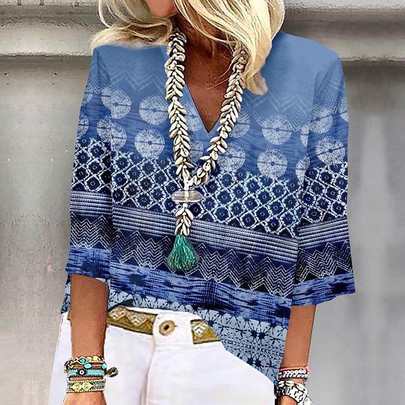 Women's Shirt Button Down Blouse Basic Print 3/4 Length Sleeve Regular Tops V Neck Casual Pink Blue Purple Green Khaki2