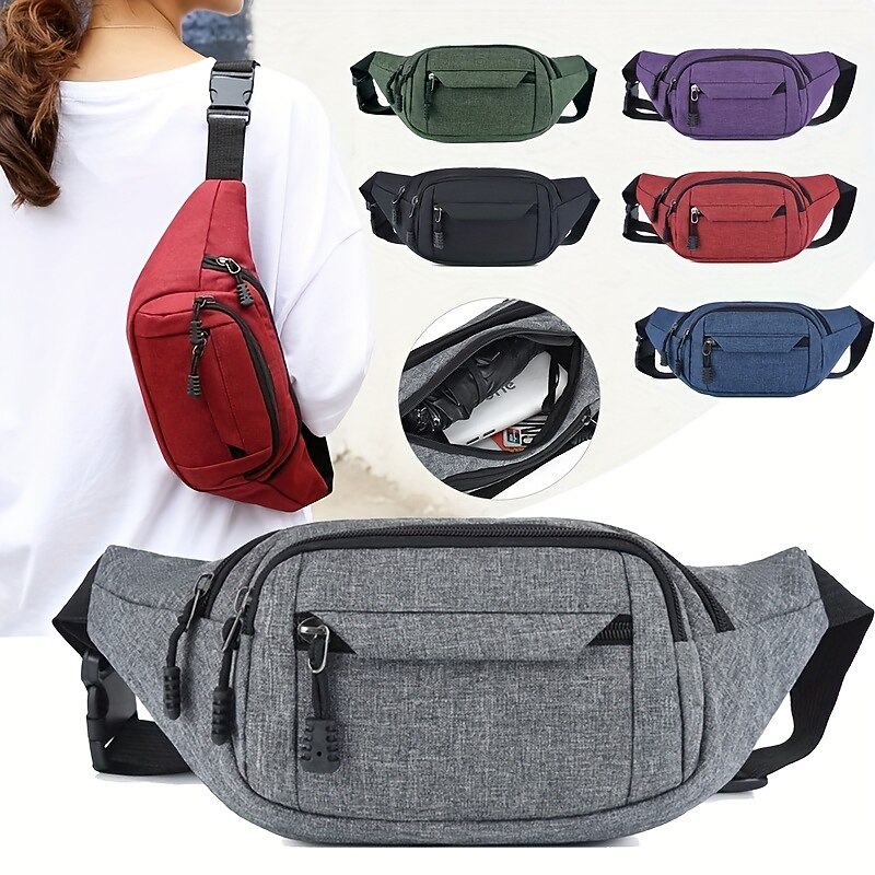 Unisex Multi-Pocket Canvas Crossbody Waist Bag, Adjustable Belt Fanny Pack for Travel, Outdoor, and Daily Use