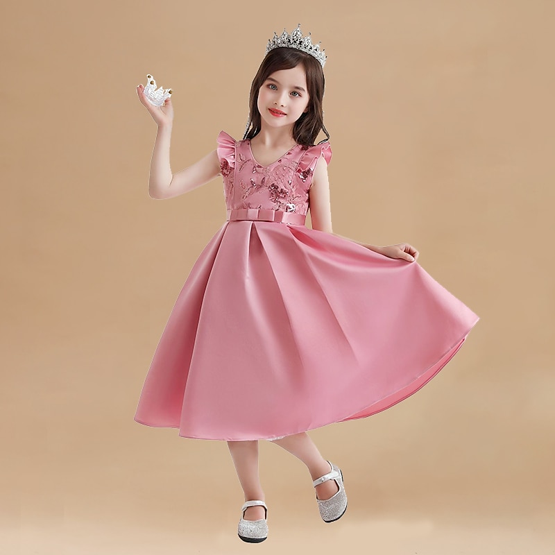Kids Girls' Dress Sequin Sleeveless Party Special Occasion Graduation Sparkle Elegant Princess Polyester Above Knee Floral Embroidery Dress Fall Winter 3-10 Years Sapphire Beige Yellow