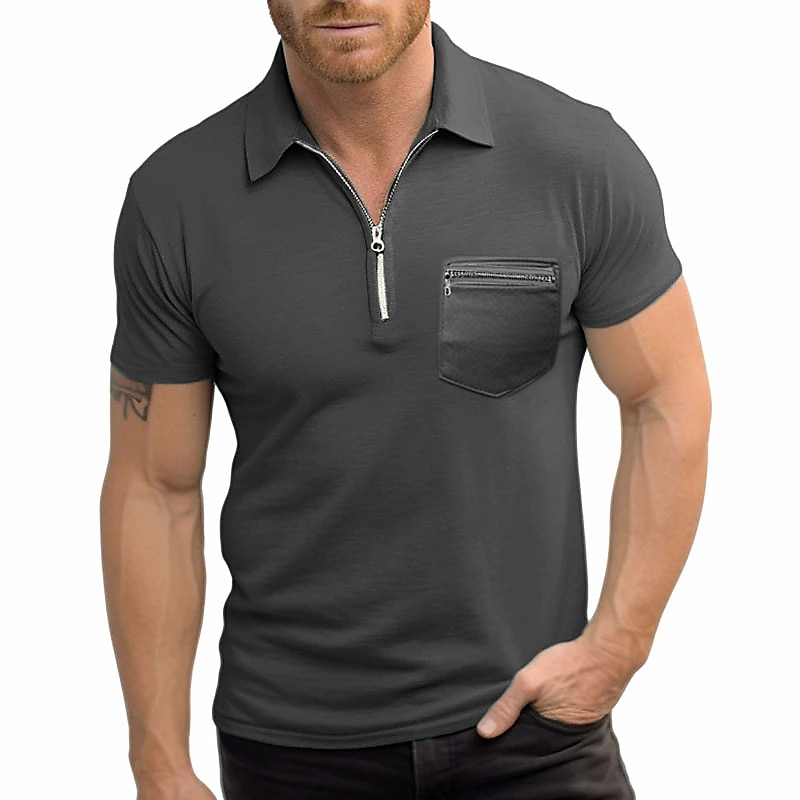 Men's Zip Polo Golf Shirt Outdoor Sports Lapel Quarter Zip Short Sleeve Fashion Modern Plain Zipper Pocket Summer Regular Fit Black Navy Blue Military Green Gray Zip Polo2