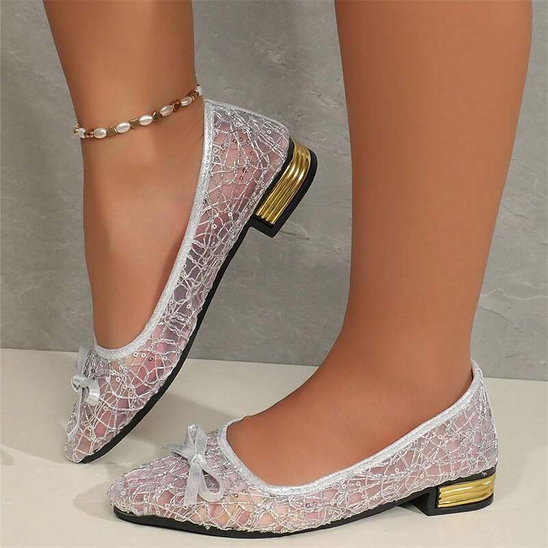 Women's Flats Plus Size Sparkly Sandals Comfort Shoes Outdoor Daily Solid Color Summer Bowknot Lace Chunky Heel Pointed Toe Elegant Casual PU Loafer Silver Gold4