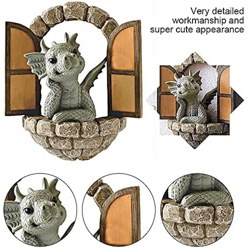 Dinosaur Sculpture Wall Decoration Weatherproof Resin Statue Miniatures for Patio Yard Garden Wall Decoration Lovely Dragon Garden Ornaments2