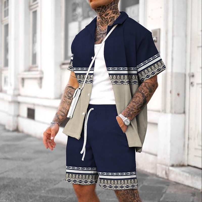 Men's Vintage Geometry Ethnic 2pcs Shirts Sets Summer Hawaiian Shirt Short Sleeve Short Pants Turndown Fashion Streetwear Designer Outdoor Street Daily Print Summer Spring Wine Navy Blue