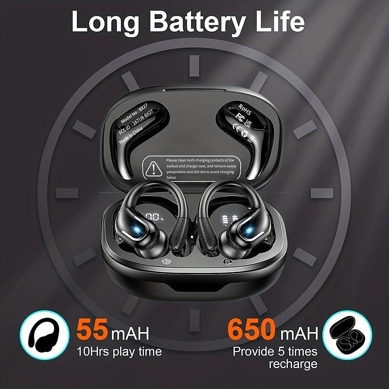 Wireless Earbuds for Running, IPX7 Waterproof Earphones with Earhooks, 60H Battery, Dual-LED Display, Pure Bass Sound4