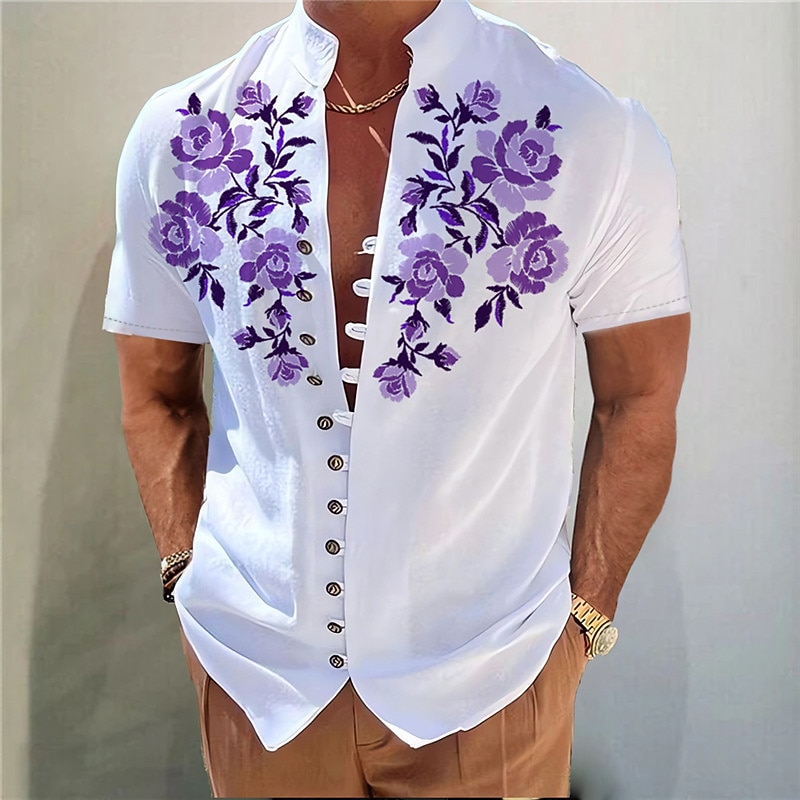 Men's Floral Shirt Button Up Shirt Short Sleeve Fashion Streetwear Designer Vacation Street Daily Summer Spring Stand Collar Print Blue-Green Yellow Blue Purple Green4