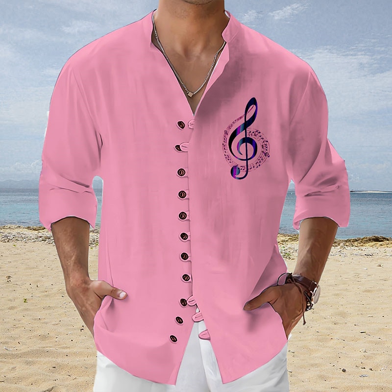 Men's Boardmasters Music Notes Shirt Button Up Shirt Long Sleeve Fashion Streetwear Designer Outdoor Casual Daily Summer Spring Fall Stand Collar Print Blue-Green Pink Blue Green Gray3