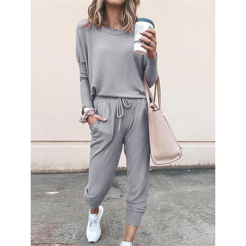 Women's Pajamas Pajama Top and Pant Sets Pure Color Fashion Casual Soft Home Daily Bed Breathable Crew Neck Long Sleeve T shirt Tee Pant Pocket Elastic Waist Summer Spring