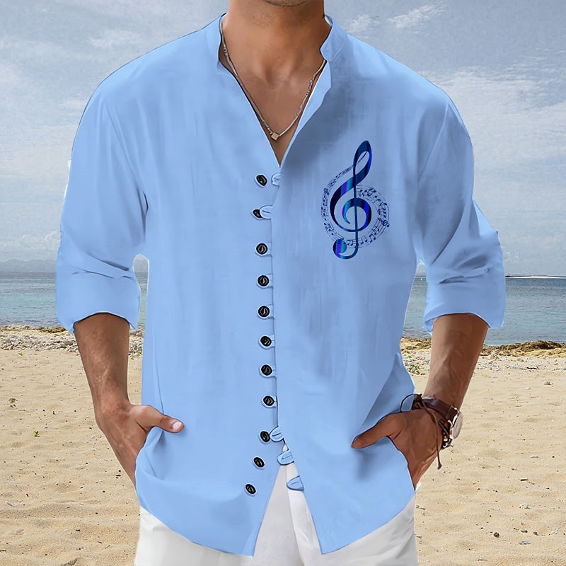 Men's Boardmasters Music Notes Shirt Button Up Shirt Long Sleeve Fashion Streetwear Designer Outdoor Casual Daily Summer Spring Fall Stand Collar Print Blue-Green Pink Blue Green Gray
