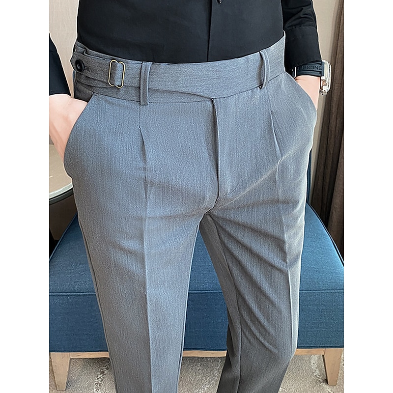 Men's Graduation Dress Pants Trousers Pleated Pants Suit Pants Pocket Straight Leg High Rise Plain Comfort Breathable Business Casual Elegant Vintage Black Khaki High Waist