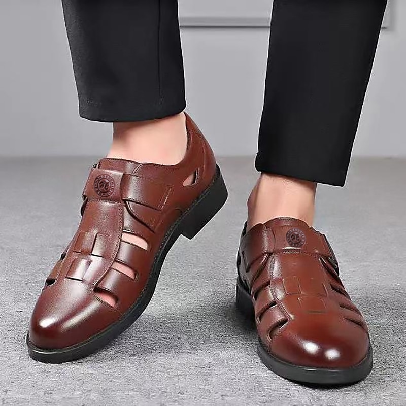 Men's Brown Faux Leather Cut-Out Sandals with Adjustable Buckle, Stylish Breathable Dress Shoes for Summer and Casual Wear2