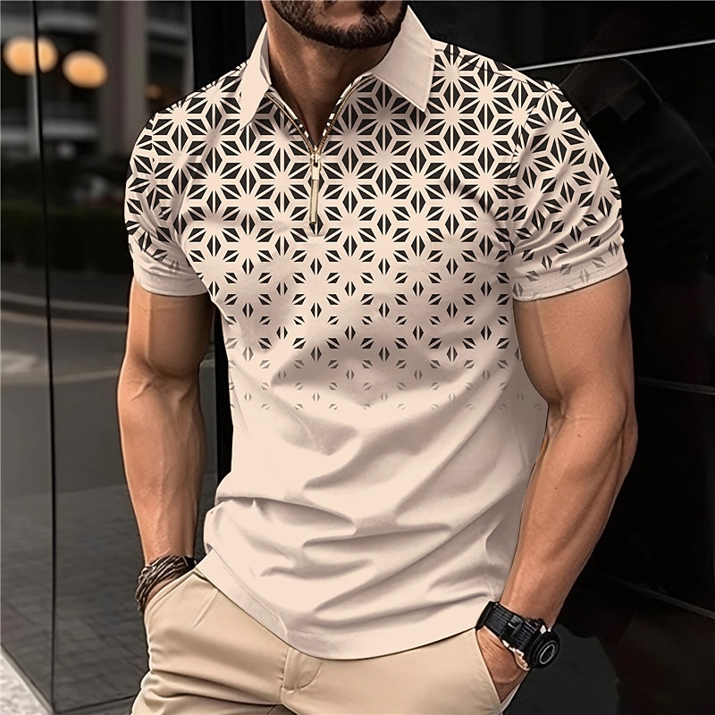Men's Geometric Zip Polo Shirts Golf Shirt Short Sleeve Polo Shirts Collared Shirts Business Casual WorkWear Formal Wear Festival Wear 3D Print Quarter Zip Polo White Pink Blue3