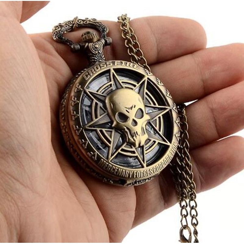 Vintage Bronze Steampunk Quartz Pocket Watch Hollow Carribean Pirate Skull Head Horror with Chain for Men Women Pendant necklace2