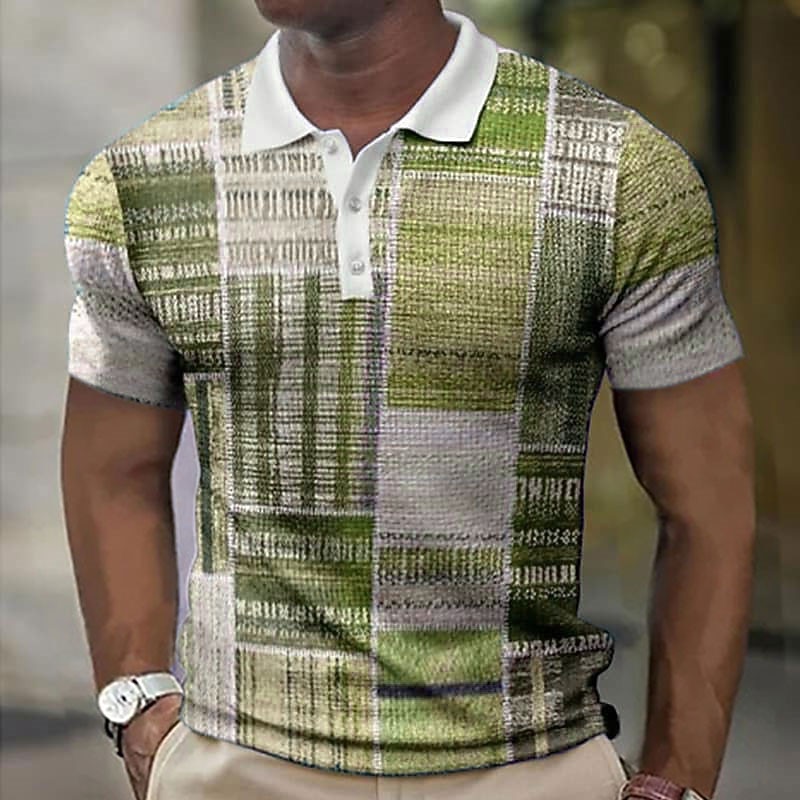 Men's Plaid Waffle Polo Shirts Golf Shirt Short Sleeve Polo Shirts Collared Shirts Vintage Casual Vacation Wear Formal Wear Festival Wear Buttons 3D Print Yellow Blue Brown3