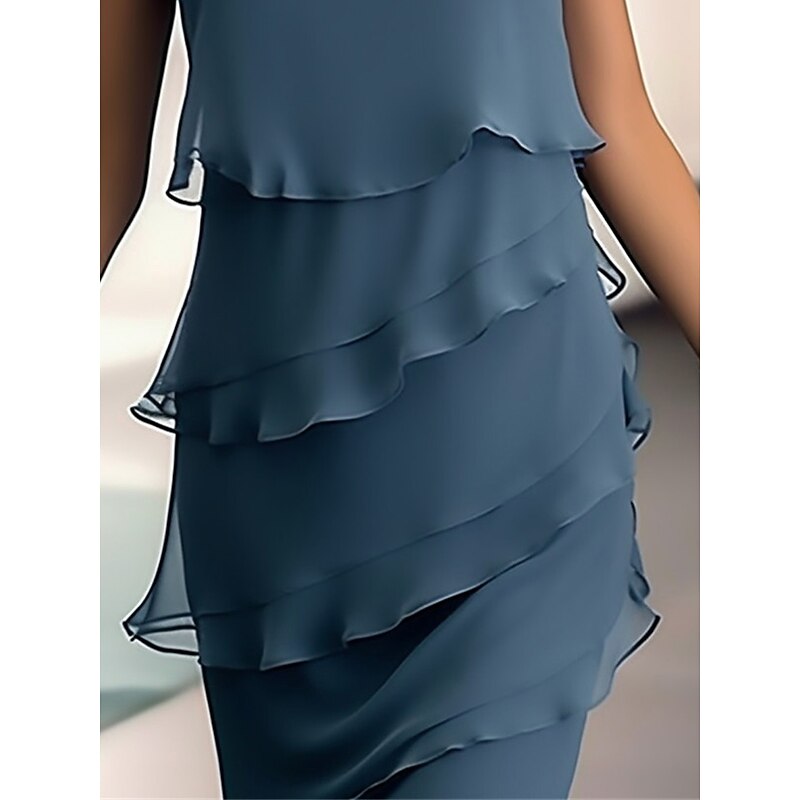 Women's Wedding Guest Cocktail Dress Elegant Chiffon Party Dress Midi Dress Blue Sleeveless Pure Color Ruffle Summer Spring Fall Crew Neck Fashion Summer Dress4