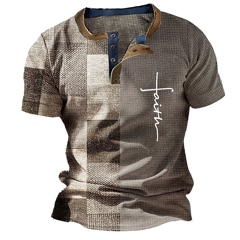 Men's Graphic Color Block Waffle Henley Shirt Short Sleeve 3D Print Fashion Designer Basic Outdoor Daily Summer Light Brown White Blue Brown Henley Henley T-Shirt3