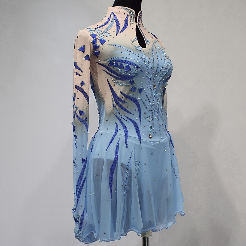 Figure Skating Dress Women's Girls' Ice Skating Dress Outfits Sky Blue Mesh Spandex High Elasticity Competition Skating Wear Handmade Crystal / Rhinestone Long Sleeve Ice Skating Figure Skating4