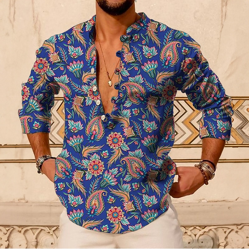 Men's Paisley Vintage Shirt Button Up Shirt Long Sleeve Vintage Fashion Streetwear Outdoor Casual Daily Summer Spring Fall Stand Collar Print Pink Blue Brown Green2