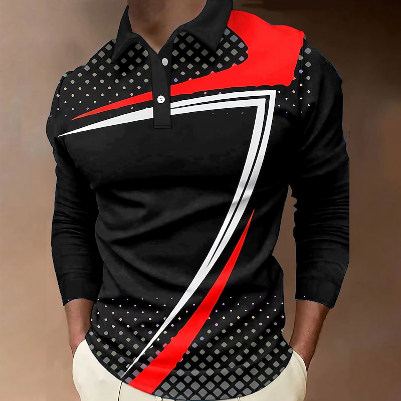 Men's Geometric Polo Shirts Golf Shirt Long Sleeve Polo Shirts Collared Shirts Casual Vacation Wear Formal Wear Festival Wear 3D Print Buttons Black Yellow Blue