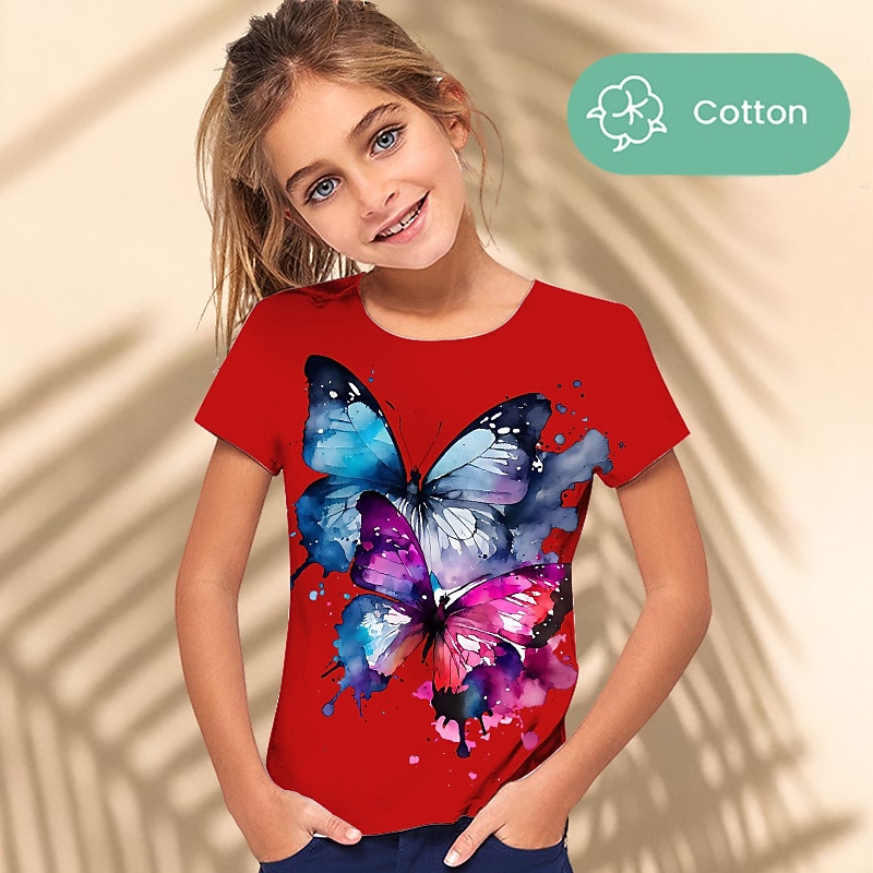 Girls' 3D Graphic Animal Butterfly T shirt Tee Short Sleeve 3D Print Summer Spring Active Fashion Cute 100% Cotton Kids 3-12 Years Outdoor Casual Daily Regular Fit