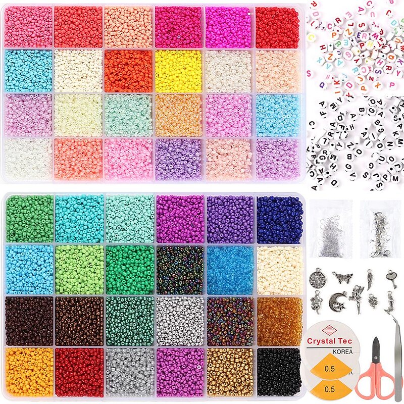 36000pcs Glass Seed Beads 2mm Beads 48 Colors 12/0 Small Bracelets Beads and 260 Letter Beads for Jewelry Making Crafts,Bracelets Making Kit - Main Image