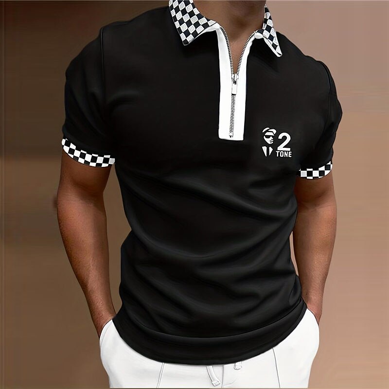 Music Festival Men's Plaid Music Zip Polo Shirts Golf Shirt Short Sleeve Polo Shirts Collared Shirts Casual Vacation Wear Festival Wear Party Outfits 3D Print Quarter Zip Polo Black