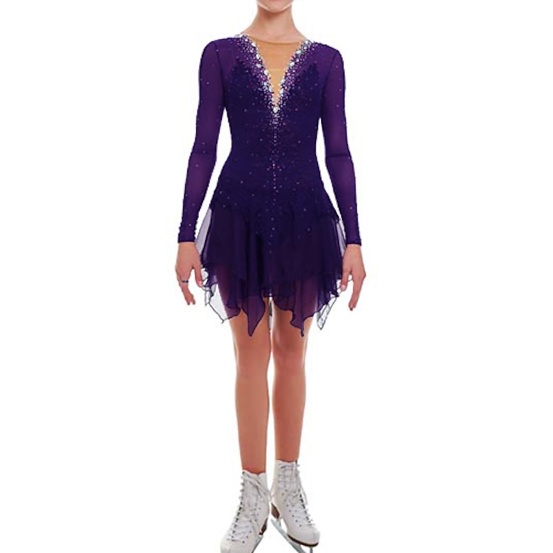Figure Skating Dress Women's Girls' Ice Skating Dress Violet Patchwork Mesh Spandex High Elasticity Training Competition Skating Wear Handmade Crystal / Rhinestone Long Sleeve Ice Skating Figure4