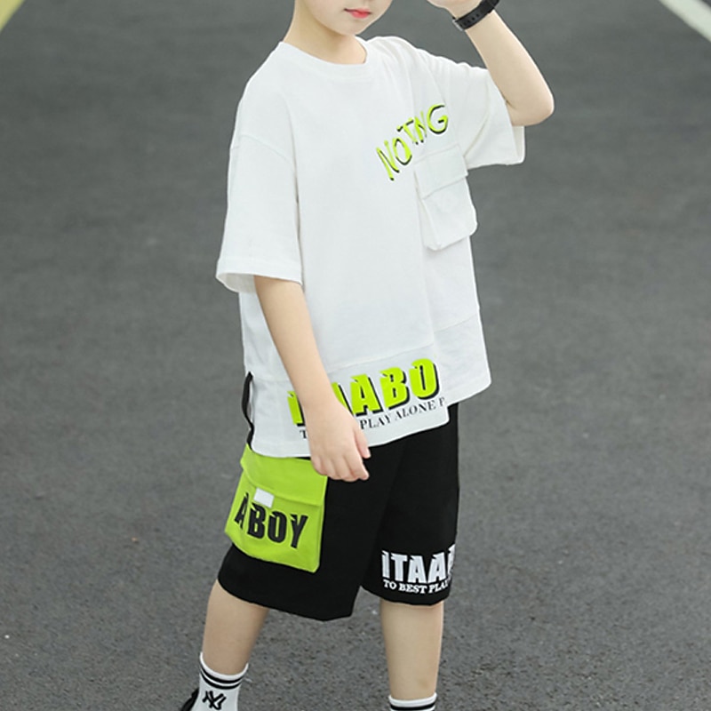 2 Pieces Kids Boys T-shirt & Shorts Clothing Set Outfit Graphic Letter Half Sleeve Pocket Cotton Set Training Sports Fashion Cool Summer Spring 7-13 Years Black Green4